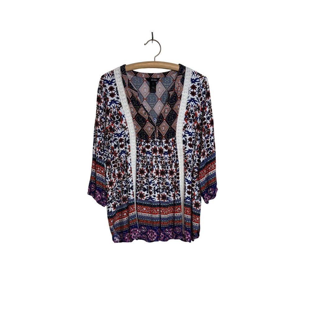 Ali Miles Tunic Top Womens 1X Multi Color Boho Lace Studded V-Neck Blouse G19